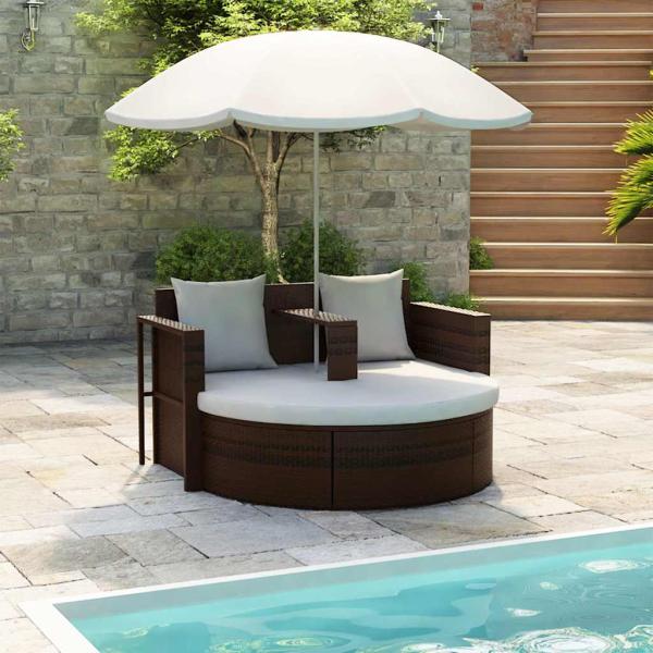 ARDEBO.de - Gartenbett mit Sonnenschirm Braun Poly Rattan