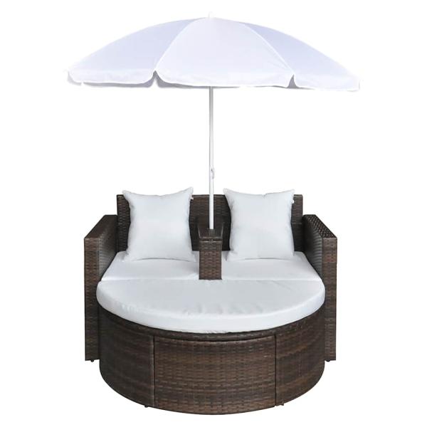 Gartenbett mit Sonnenschirm Braun Poly Rattan