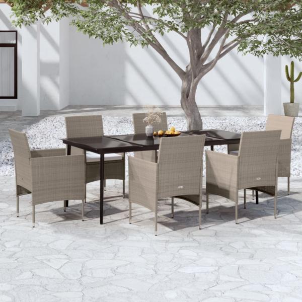 ARDEBO.de - 7-tlg. Garten-Essgruppe mit Kissen Beige und Schwarz