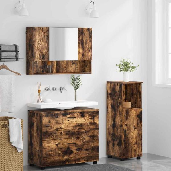 Badezimmermöbel-Set 3 Stk. Räuchereiche Sperrholz und Metall