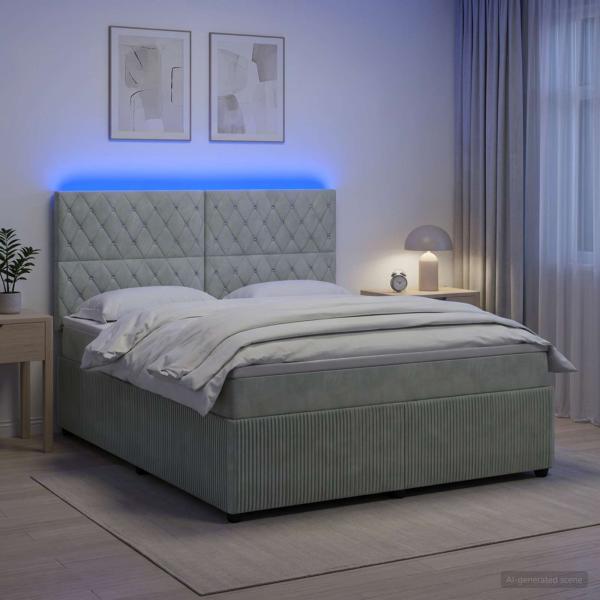 LED Boxspringbett mit Matratze Hellgrau 140 x 190 cm Samt