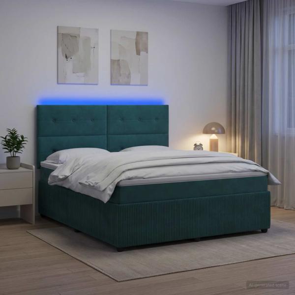 ARDEBO.de - LED Boxspringbett mit Matratze Dunkelgrün 140 x 190 cm Samt