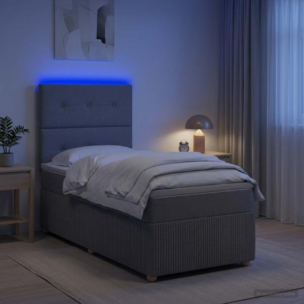 ARDEBO.de - LED Boxspringbett mit Matratze Hellgrau 90 x 190 cm Stoff