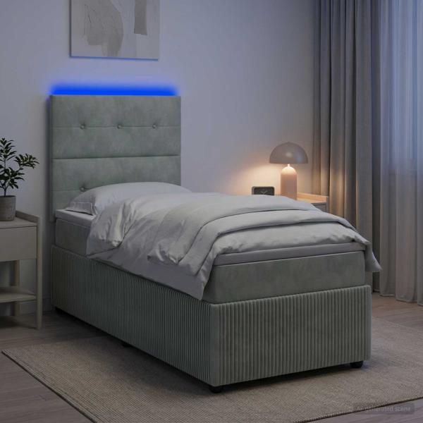 ARDEBO.de - LED Boxspringbett mit Matratze Hellgrau 90 x 190 cm Samt