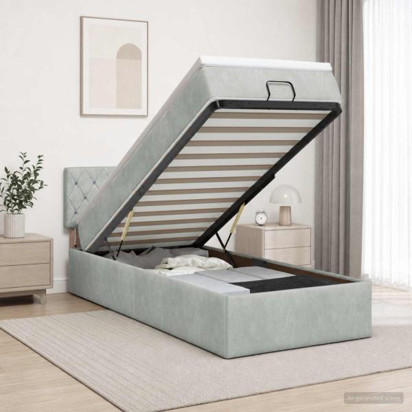 ARDEBO.de - Ottoman Bett mit Matratze Hellgrau 100 x 200 cm Samt