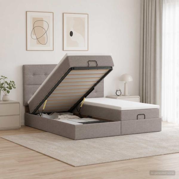 ARDEBO.de - Ottoman Bett mit Matratze mit Kopfteil 2 Stk. Taupe Stoff