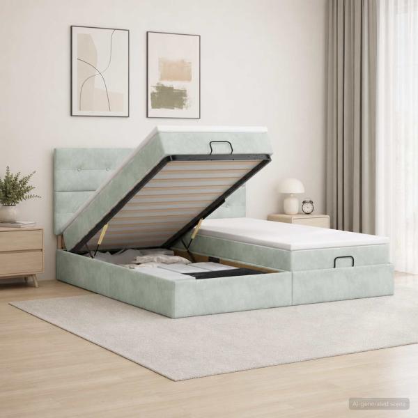 ARDEBO.de - Ottoman Bett mit Matratze mit Kopfteil 2 Stk. Hellgrau Samt
