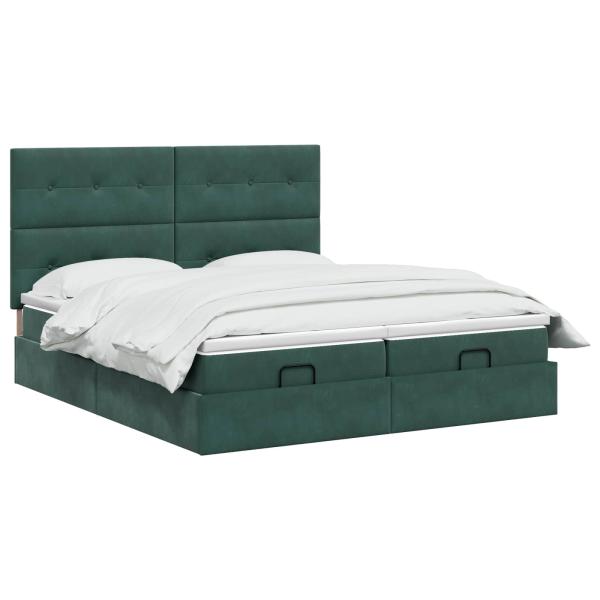 Ottoman Bett mit Matratze mit Kopfteil 2 Stk. Dunkelgrün Samt