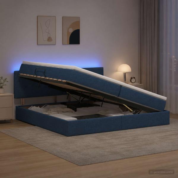 LED-Speicherbett mit Matratze Blau 200 x 200 cm Stoff