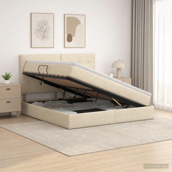 ARDEBO.de - Aufbewahrungsbett mit Matratze Creme 140 x 200 cm Stoff