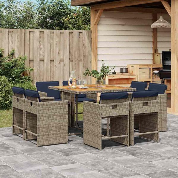 ARDEBO.de - 9-teiliges Garten-Ess-Set mit Kissen, grau, Polyrattan