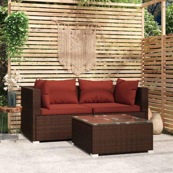 ARDEBO.de - 3-tlg. Garten-Lounge-Set mit Kissen Braun Poly Rattan