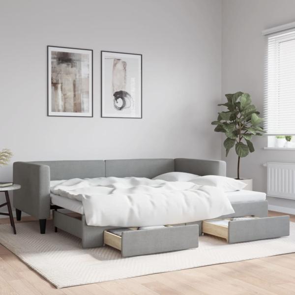 ARDEBO.de - Tagesbett Ausziehbar mit Schubladen Hellgrau 100x190 cm Stoff