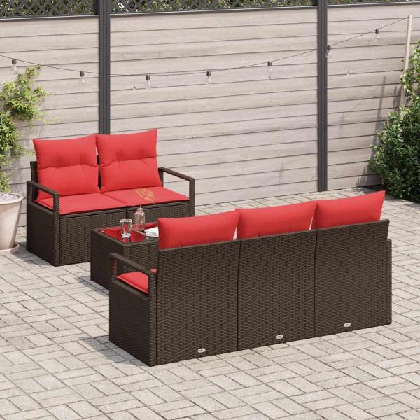 Gartensofa-set 6 stk. 5-Sitzer Beige und Rot Poly-Rattan