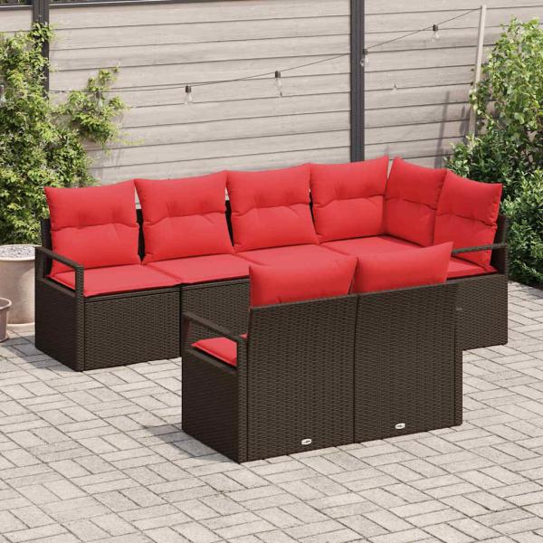 Gartensofa-set 7 stk. Braun und Rot Poly-Rattan