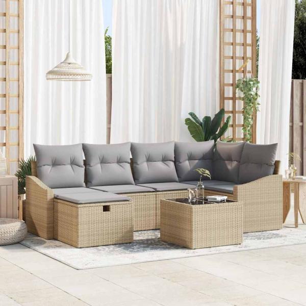 ARDEBO.de - Sofa Set mit Kissen mit Speicher Beige und Hellgrau Poly-Rattan