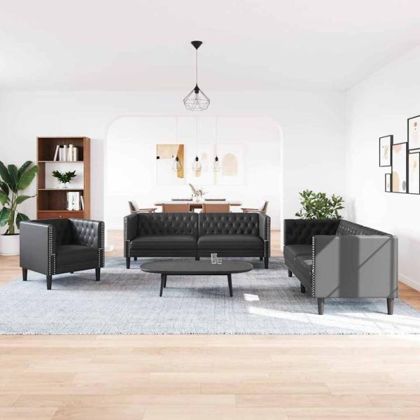 ARDEBO.de - Wohnzimmer Couch 3 stk. Schwarz Kunstleder