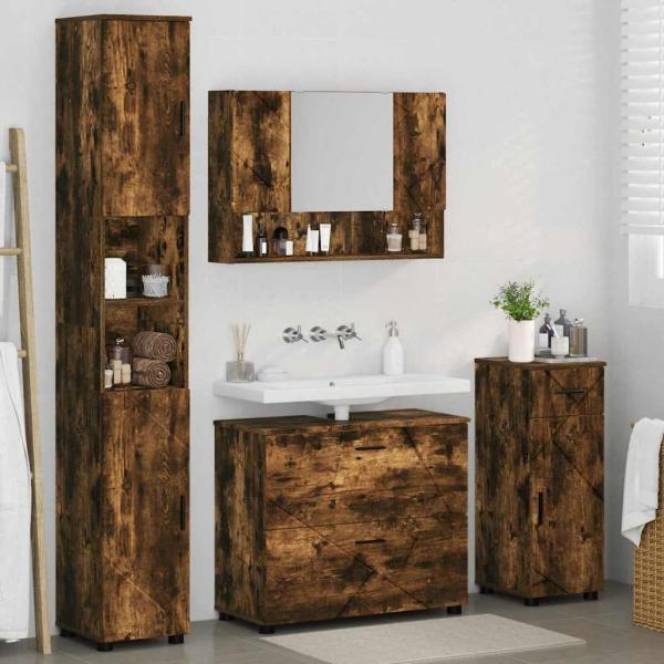 Badezimmermöbel-Set 4 Stk. Räuchereiche Sperrholz und Metall