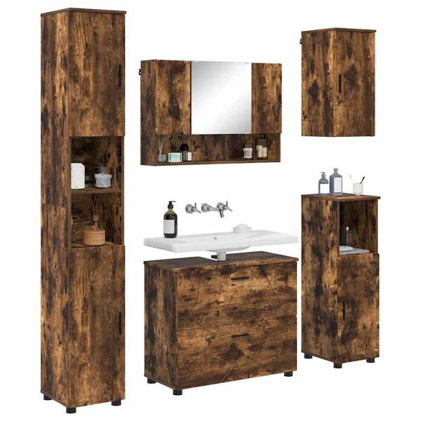 Badezimmermöbel-Set 5 stk. Geräucherte Eiche 35 x 30 x 192 cm