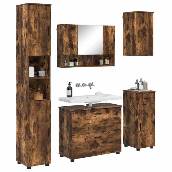 Badezimmermöbel-Set 5 stk. Geräucherte Eiche 35 x 30 x 192 cm