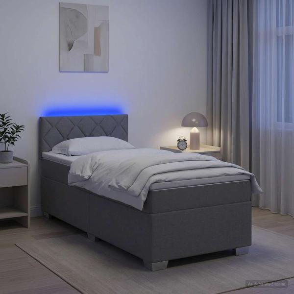ARDEBO.de - Boxspringbett mit Matratze und LED Hellgrau 90 x 190 cm Stoff