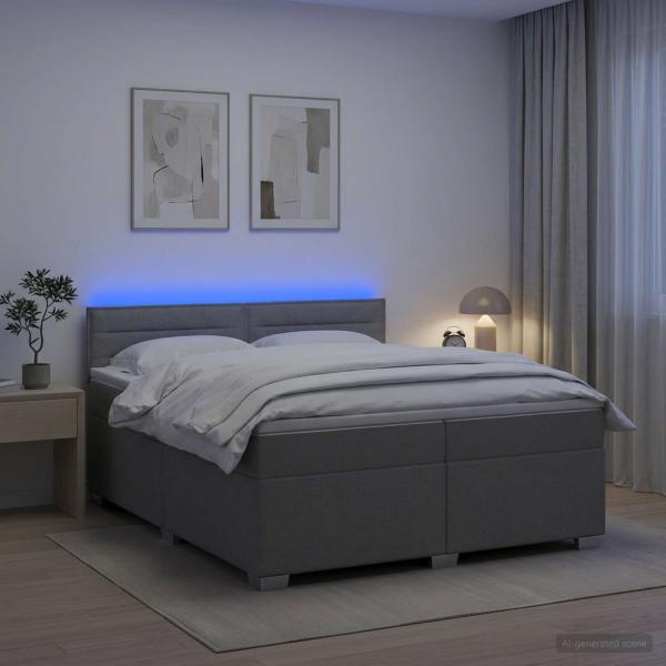 ARDEBO.de - Boxspringbett mit Matratze und LED Hellgrau 200 x 200 cm Stoff