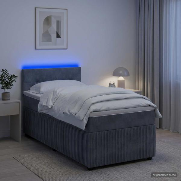 ARDEBO.de - Boxspringbett mit Matratze und LED Dunkelgrau 90 x 190 cm Samt