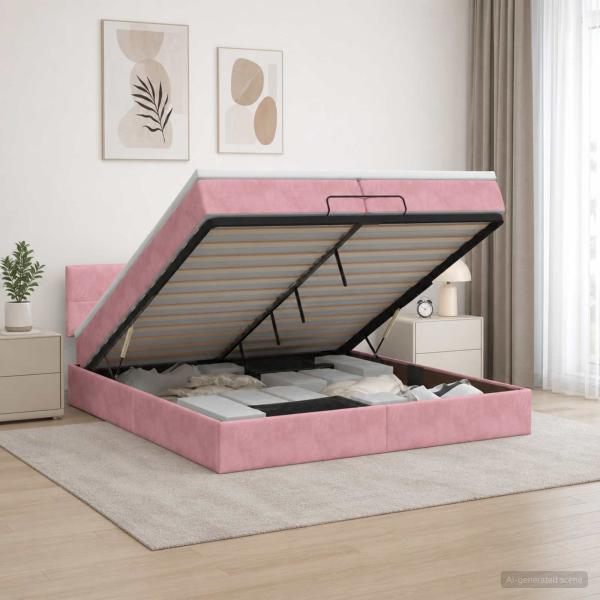 ARDEBO.de - Ottoman Bett mit Matratze mit Kopfteil Rosa 200 x 200 cm Samt