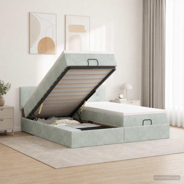 ARDEBO.de - Ottoman Bett mit Matratze mit Kopfteil 2 Stk. Hellgrau Samt