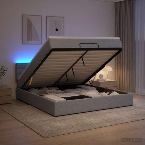 Ottoman-Bett mit Matratze und LED Hellgrau 140 x 200 cm Stoff
