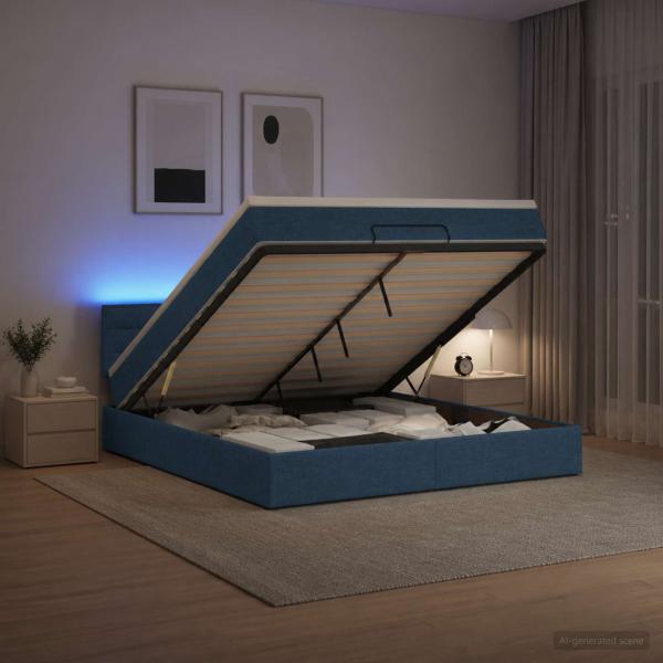 ARDEBO.de - Ottoman-Bett mit Matratze und LED Blau 180 x 200 cm Stoff