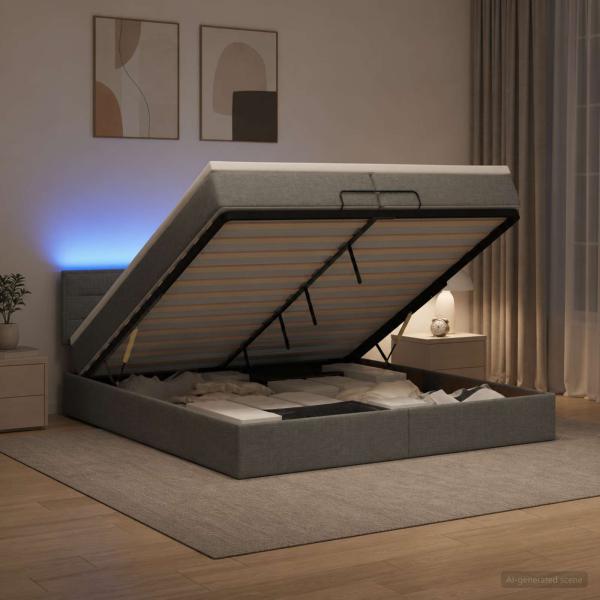 ARDEBO.de - Ottoman-Bett mit Matratze und LED Dunkelgrau 200 x 200 cm Stoff