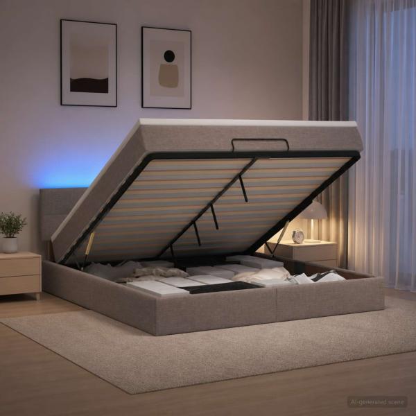 ARDEBO.de - Ottoman-Bett mit Matratze und LED Taupe 140 x 190 cm Stoff