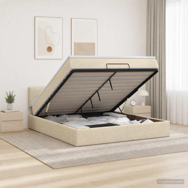 Ottoman-Bett mit Matratze und LED Creme 140 x 190 cm Stoff