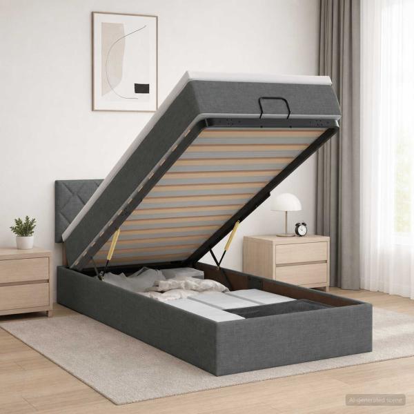 ARDEBO.de - Ottoman-Bett mit Matratze und LED Dunkelgrau 80 x 200 cm Stoff
