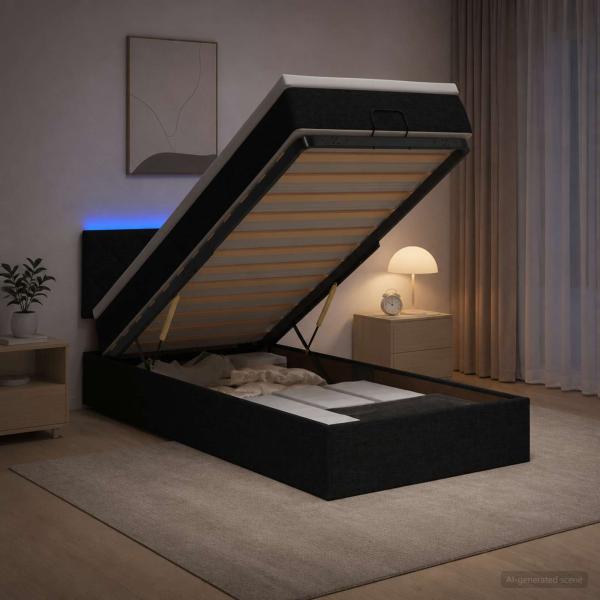 ARDEBO.de - Ottoman-Bett mit Matratze und LED Schwarz 90 x 200 cm Stoff