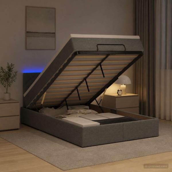 ARDEBO.de - Ottoman-Bett mit Matratze und LED Dunkelgrau 120 x 200 cm Stoff