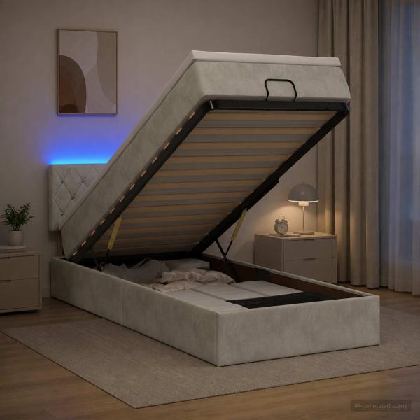 ARDEBO.de - Ottoman-Bett mit Matratze und LED Hellgrau 90 x 190 cm Samt