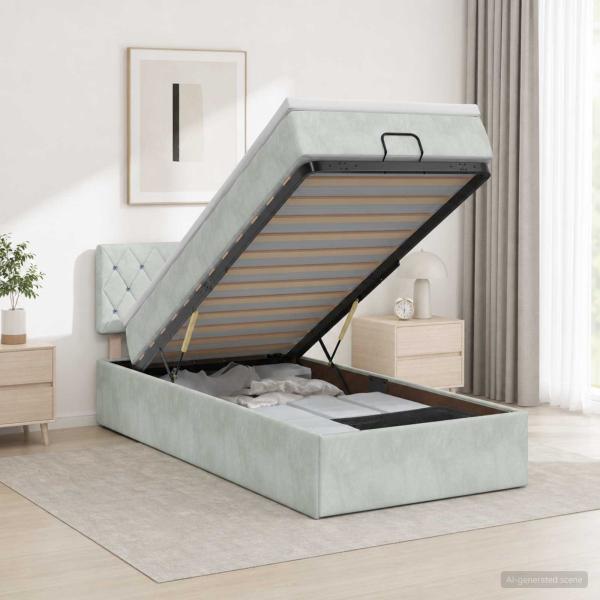 Ottoman-Bett mit Matratze und LED Hellgrau 90 x 200 cm Samt