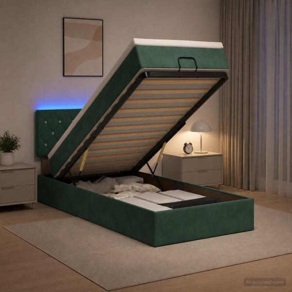 Ottoman-Bett mit Matratze und LED Dunkelgrün 90 x 200 cm Samt