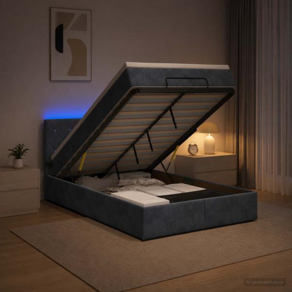 ARDEBO.de - Ottoman-Bett mit Matratze und LED Dunkelgrau 120 x 190 cm Samt