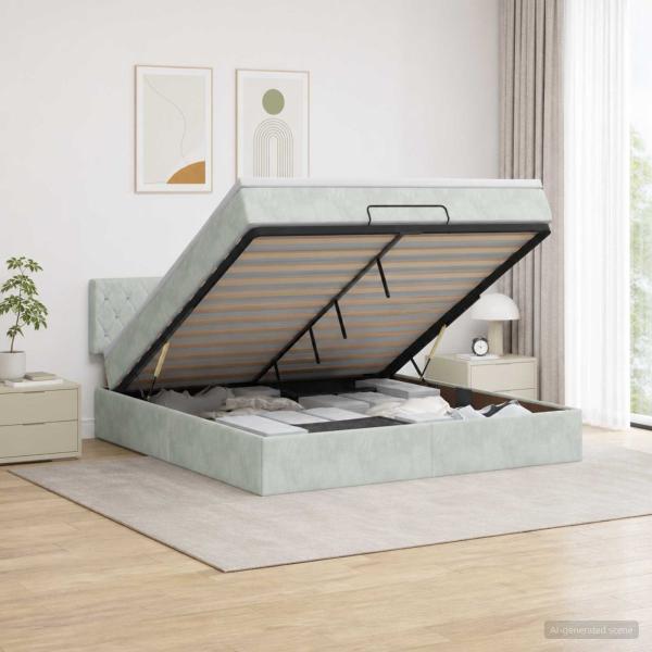 Ottoman-Bett mit Matratze und LED Hellgrau 140 x 190 cm Samt
