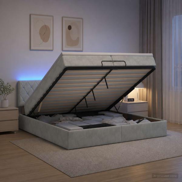 ARDEBO.de - Ottoman-Bett mit Matratze und LED Hellgrau 200 x 200 cm Samt