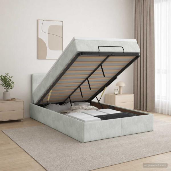 ARDEBO.de - Ottoman-Bett mit Matratze und LED Hellgrau 120 x 190 cm Samt