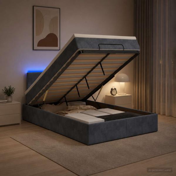 ARDEBO.de - Ottoman-Bett mit Matratze und LED Dunkelgrau 120 x 190 cm Samt