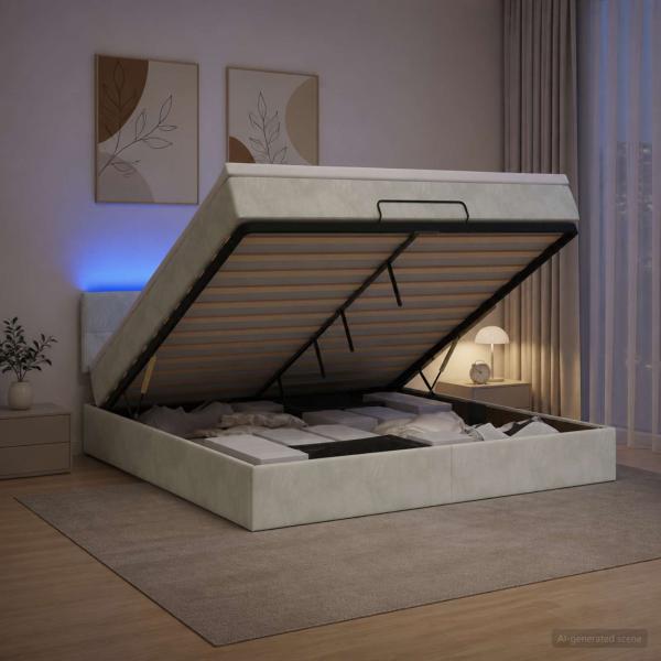ARDEBO.de - Ottoman-Bett mit Matratze und LED Hellgrau 140 x 200 cm Samt