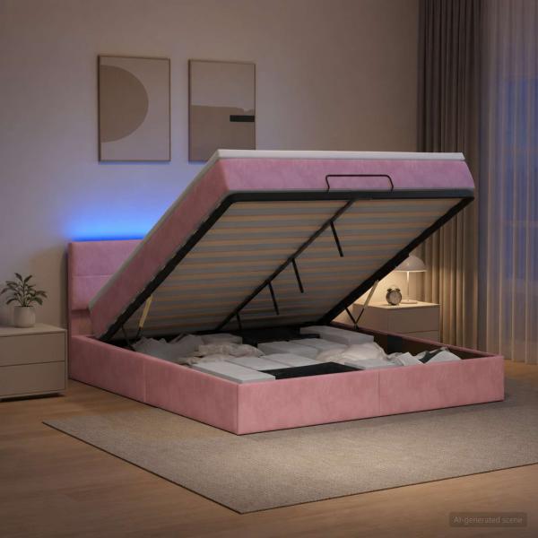 Ottoman-Bett mit Matratze und LED Rosa 180 x 200 cm Samt