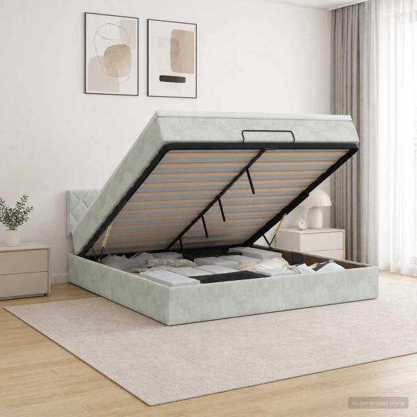ARDEBO.de - Ottoman-Bett mit Matratze und LED Hellgrau 140 x 190 cm Samt