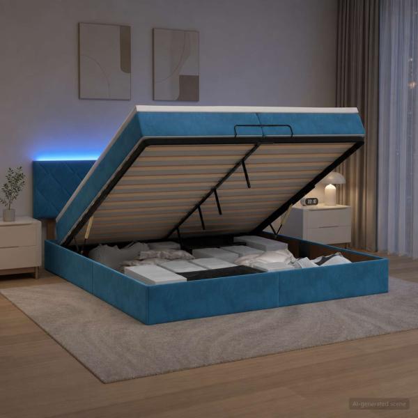 ARDEBO.de - Ottoman-Bett mit Matratze und LED Dunkelblau 200 x 200 cm Samt