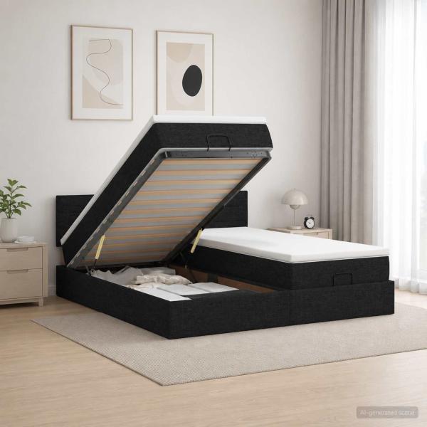 ARDEBO.de - Ottoman-Bett mit Matratze und LED Schwarz 160 x 200 cm Stoff